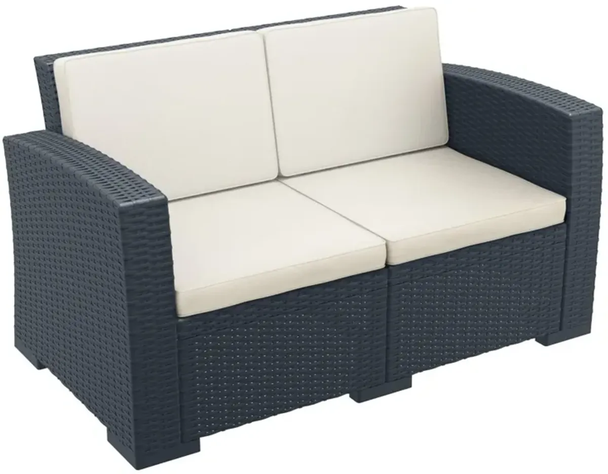 55" White Outdoor Patio Loveseat with Natural Beige Sunbrella Cushion