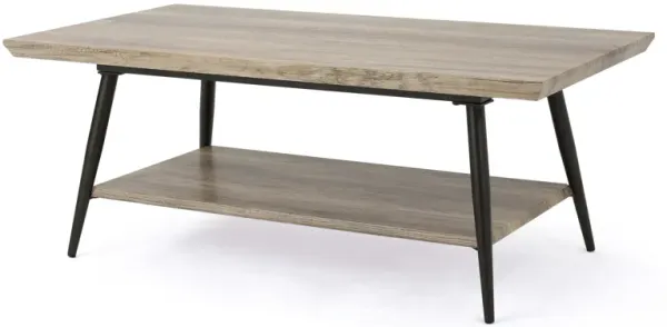 Coffee Table, 43 Inch Top, Black Metal Legs, Taupe Gray Wood Finish -Benzara
