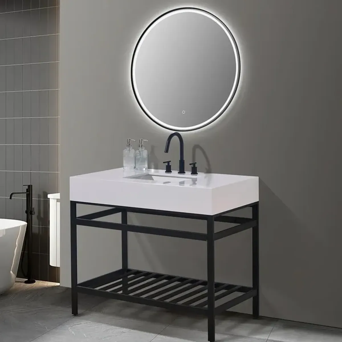 Altair 42 Single Stainless Steel Vanity Console in Matt Black and Mirror