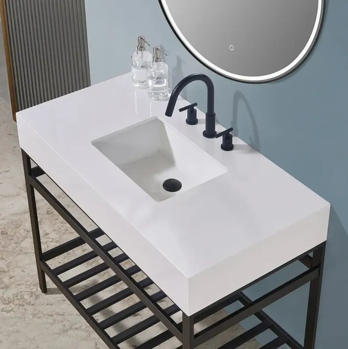 Altair 42 Single Stainless Steel Vanity Console in Matt Black and Mirror