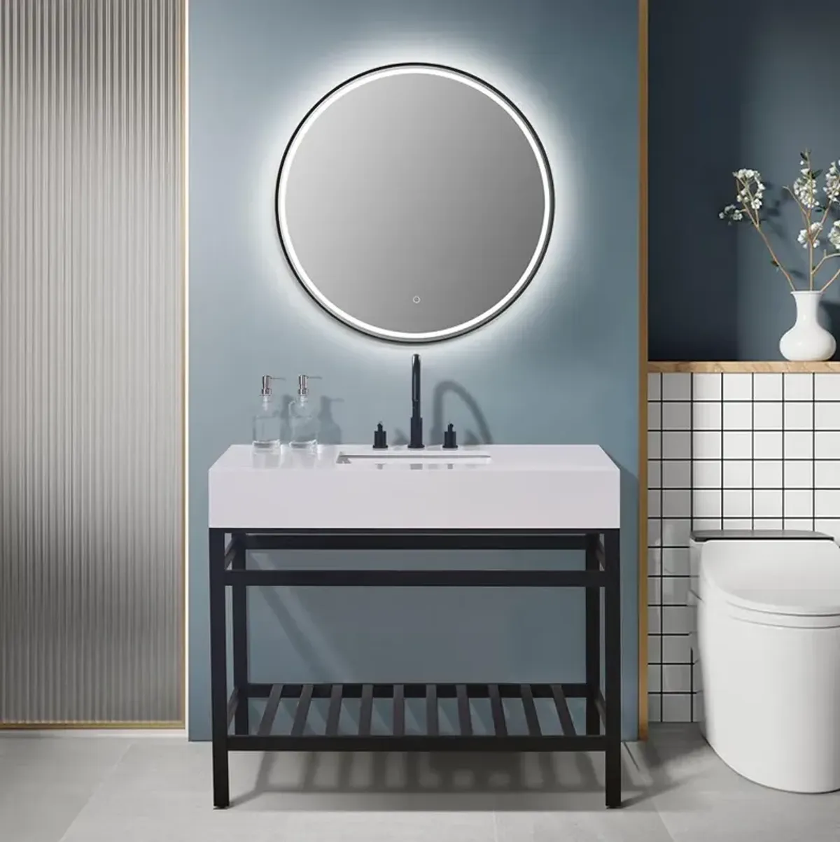 Altair 42 Single Stainless Steel Vanity Console in Matt Black and Mirror