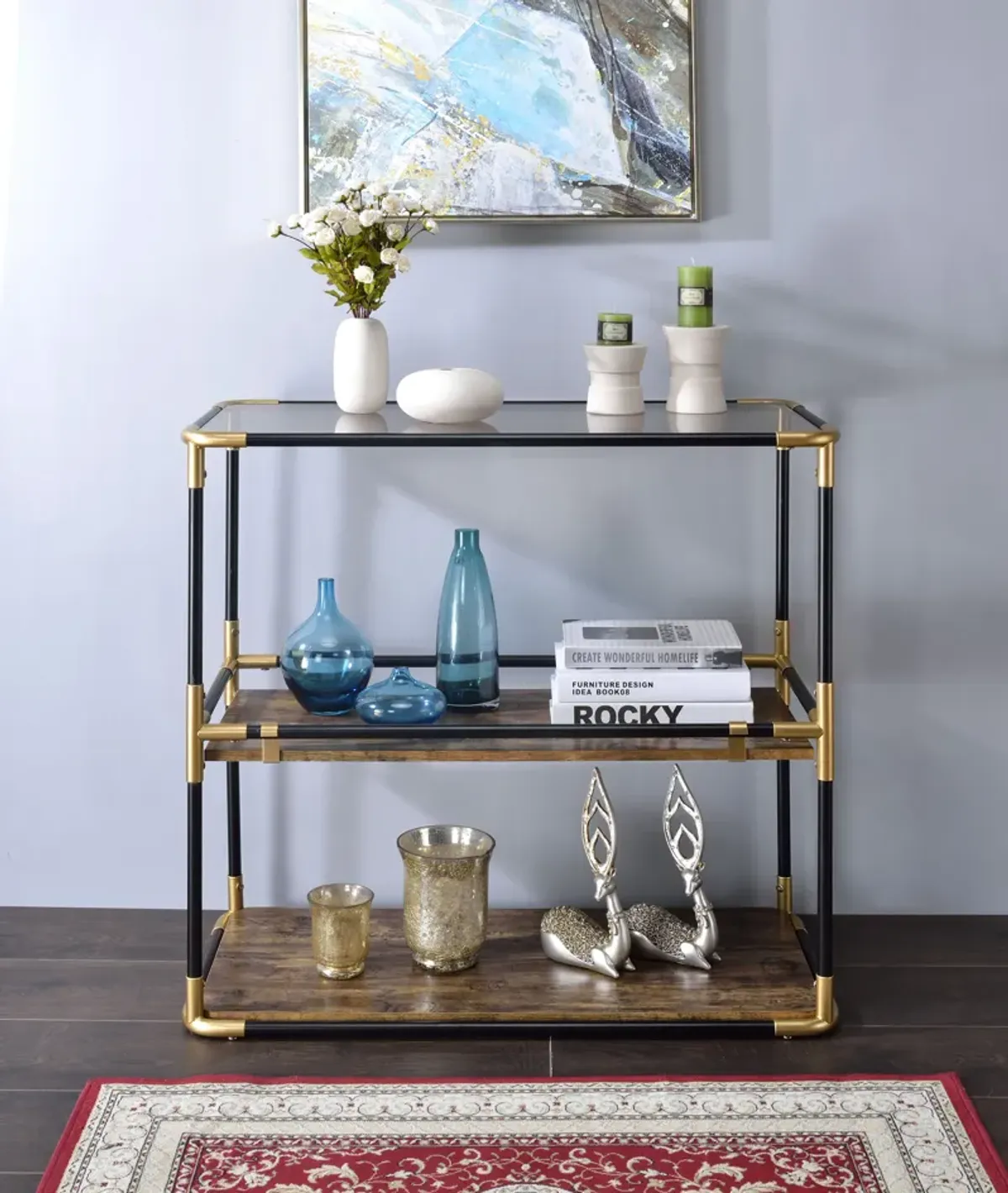 ACME Heleris Console Table, Black/Gold & Smoky Glass