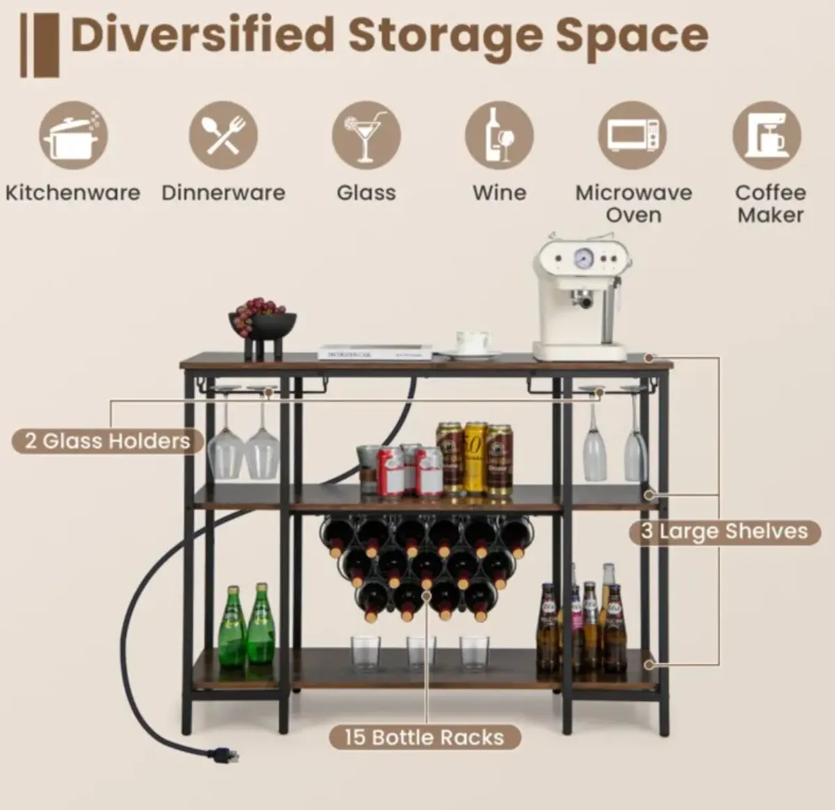 Hivvago Industrial Wine Rack Wine Bar Cabinet with Storage Shelves