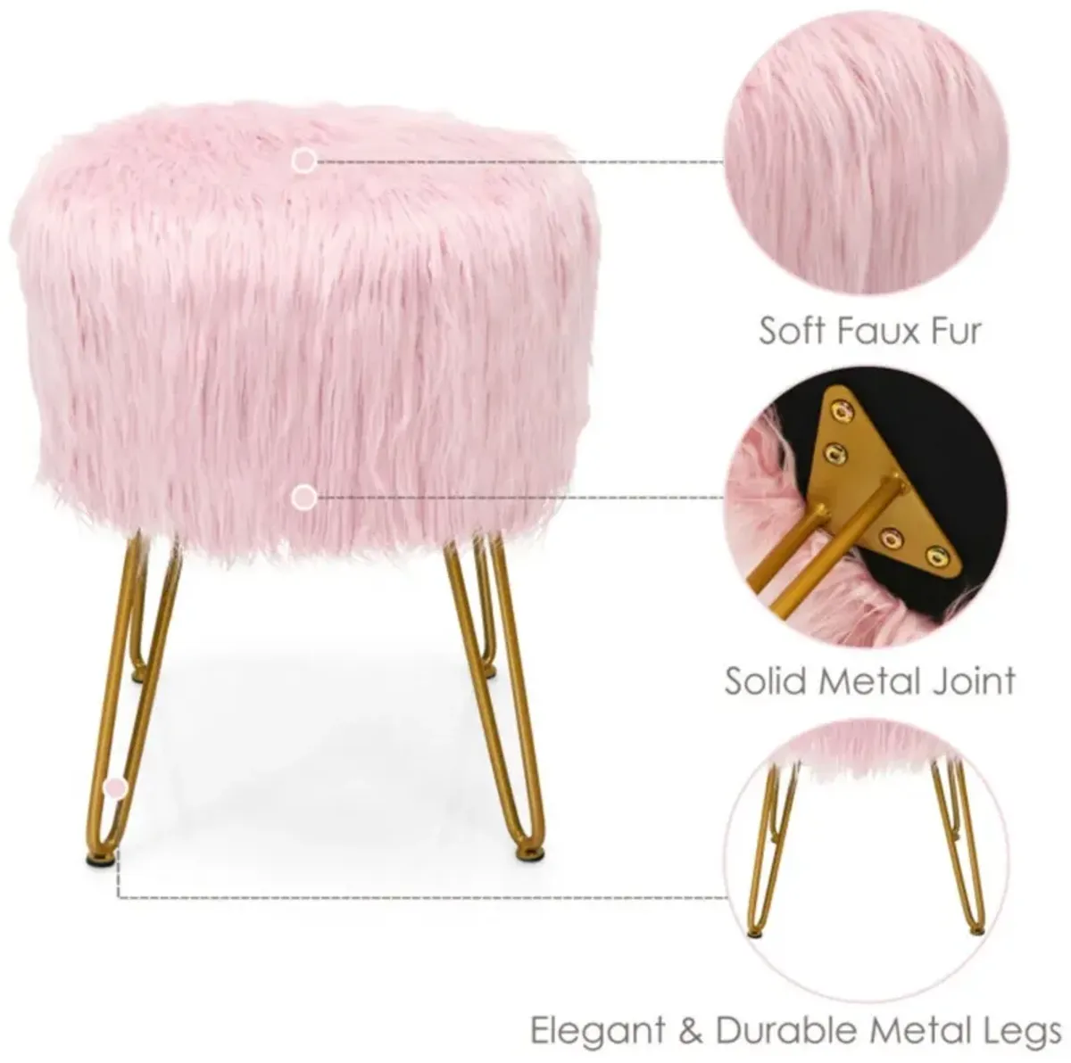 Hivvago Faux Fur Vanity Stool Chair with Metal Legs for Bedroom and Living Room