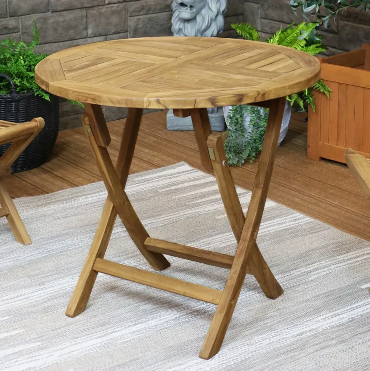 Sunnydaze Solid Teak Wood Folding Round Patio Dining Table