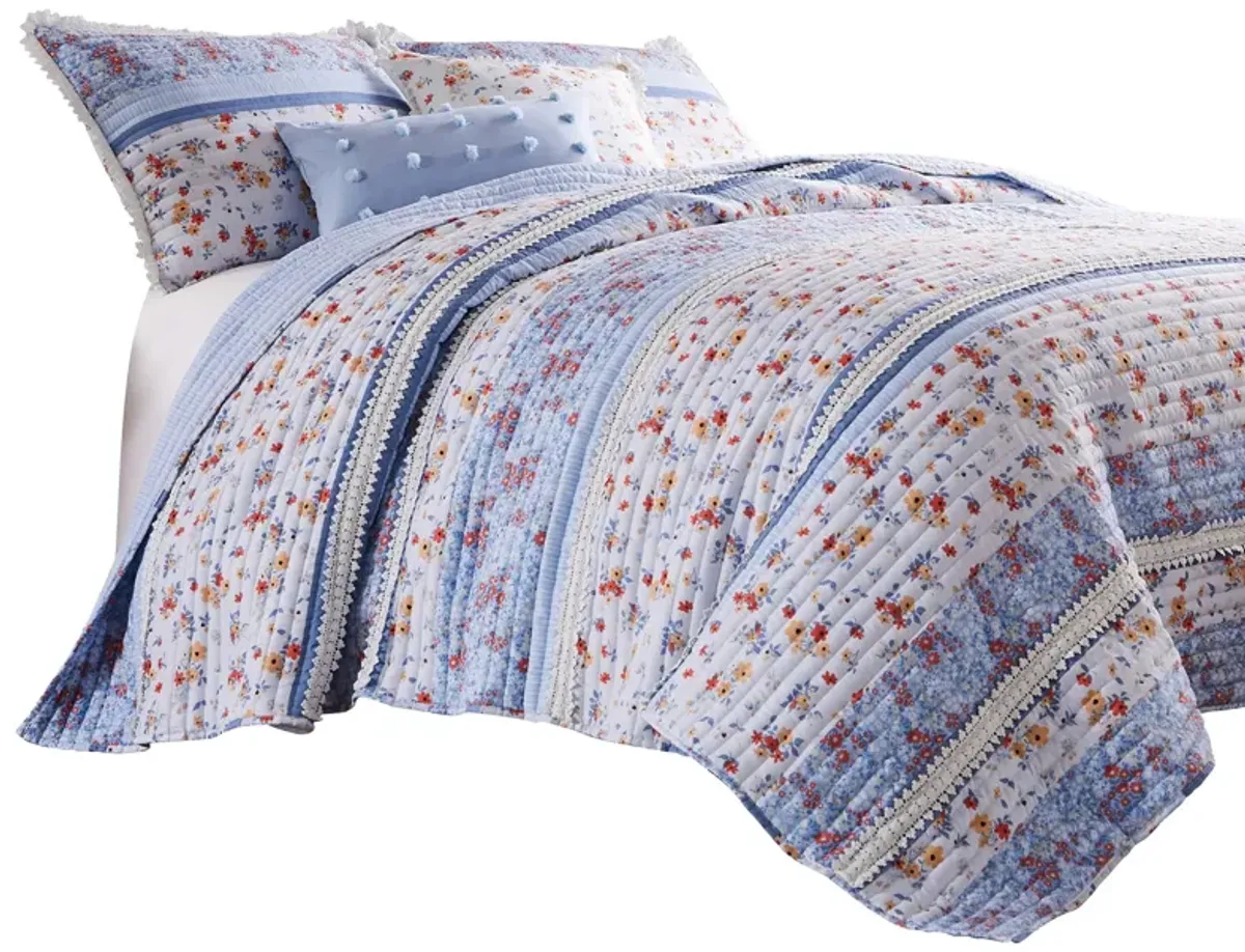 Joa Microfiber Quilt Set, Floral Print, Lace Trim, Multicolor-Benzara