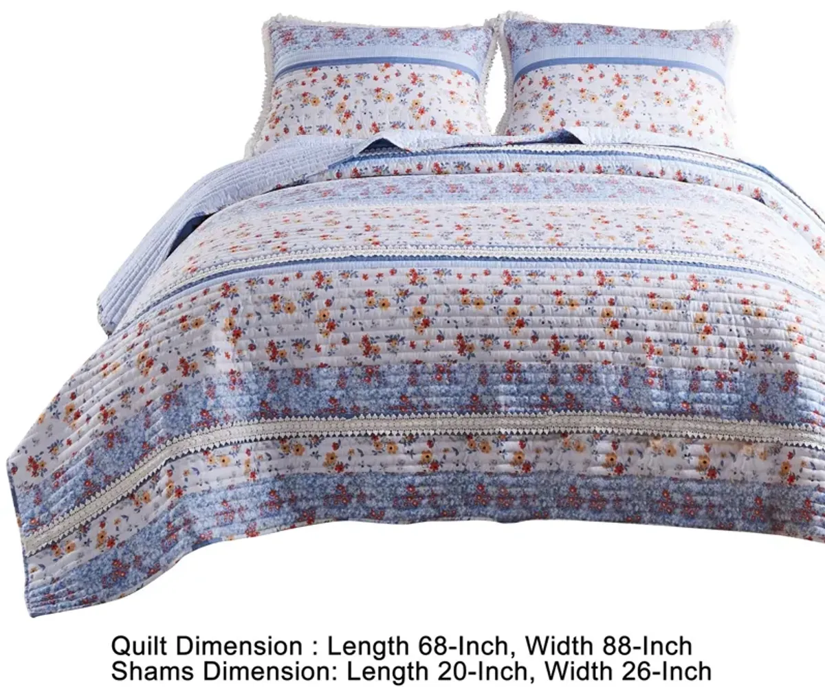 Joa Microfiber Quilt Set, Floral Print, Lace Trim, Multicolor-Benzara