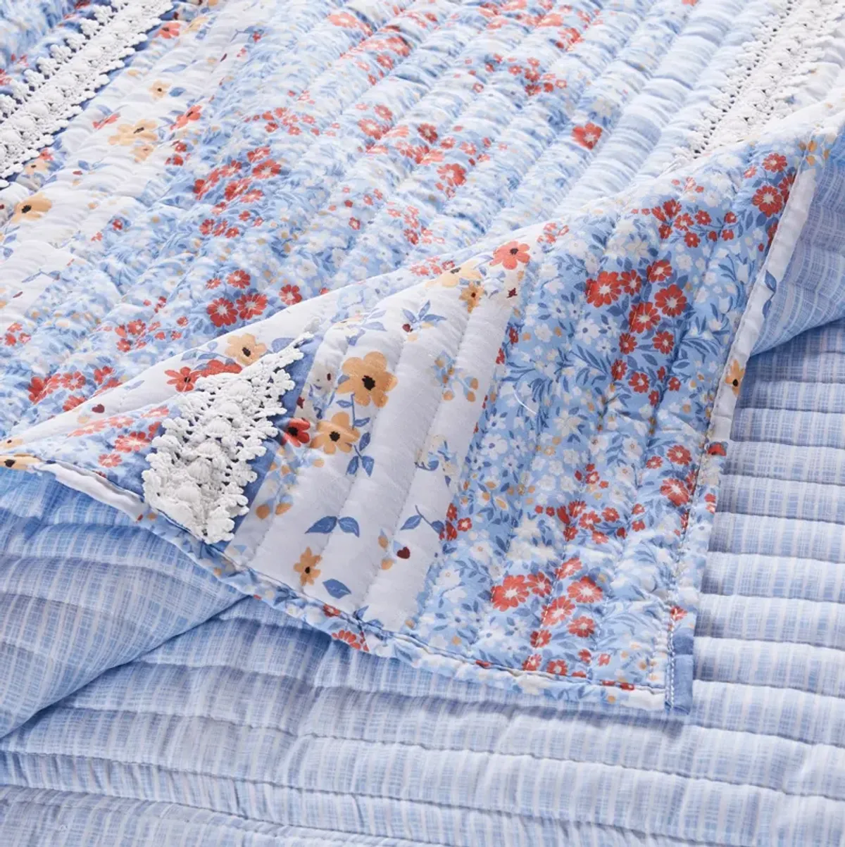 Joa Microfiber Quilt Set, Floral Print, Lace Trim, Multicolor-Benzara