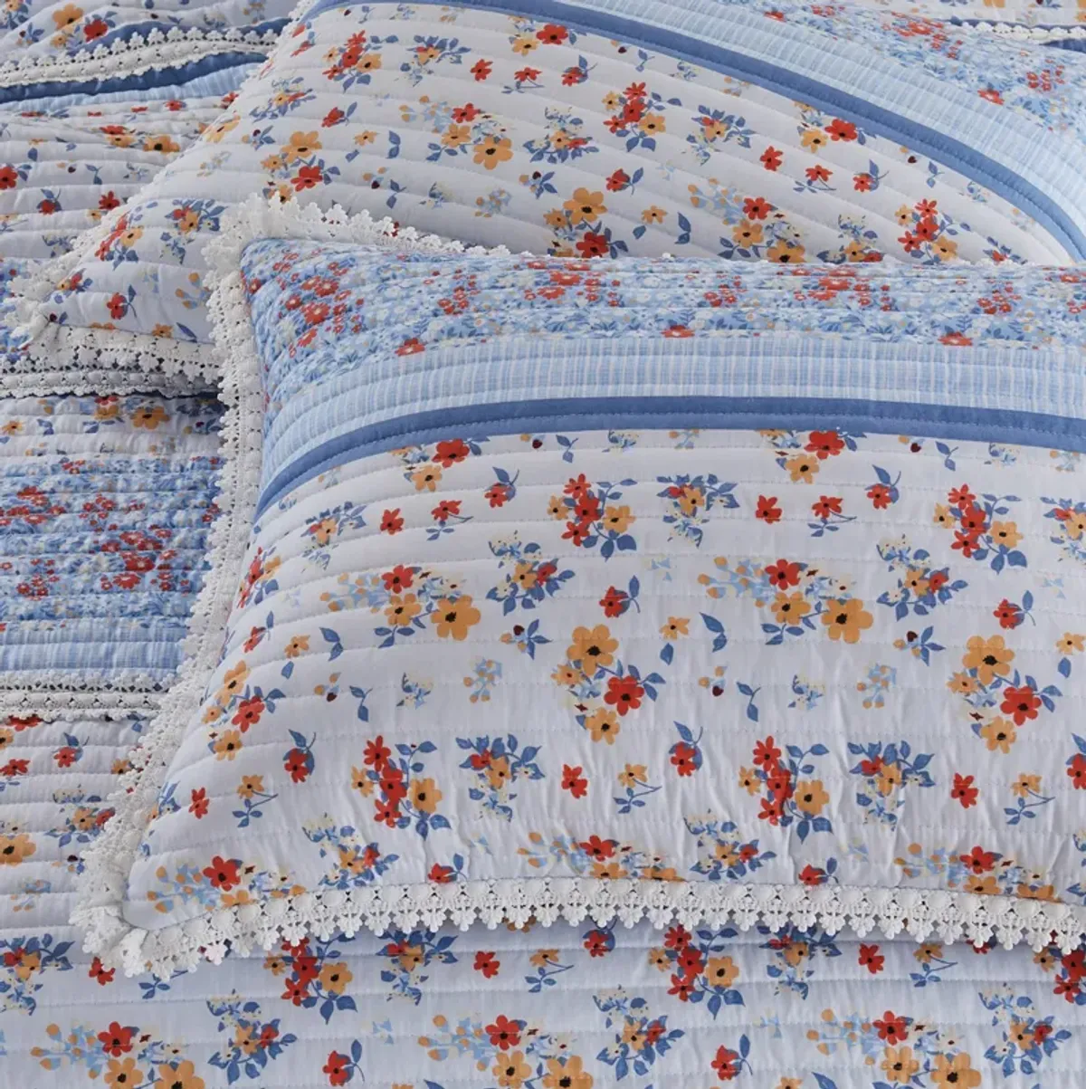 Joa Microfiber Quilt Set, Floral Print, Lace Trim, Multicolor-Benzara