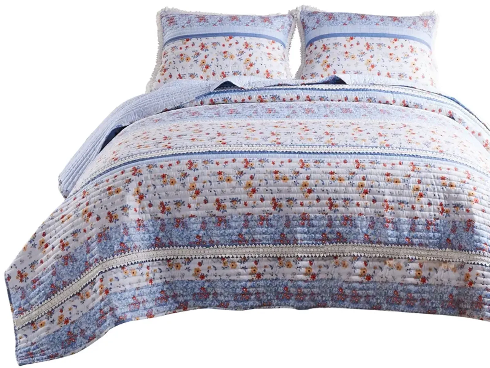 Joa Microfiber Quilt Set, Floral Print, Lace Trim, Multicolor-Benzara