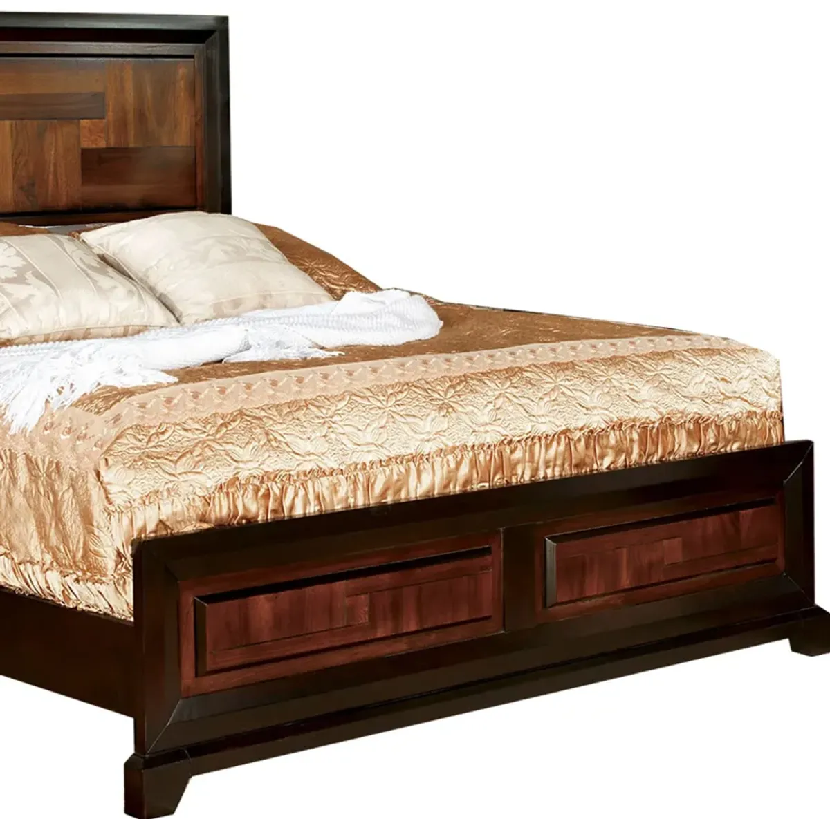 Full Size Wooden Transitional Bed with Parquet Pattern, Brown - Benzara