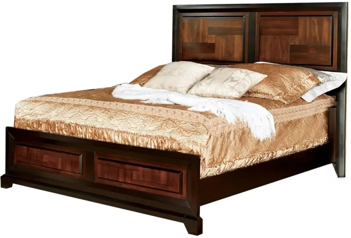 Full Size Wooden Transitional Bed with Parquet Pattern, Brown - Benzara