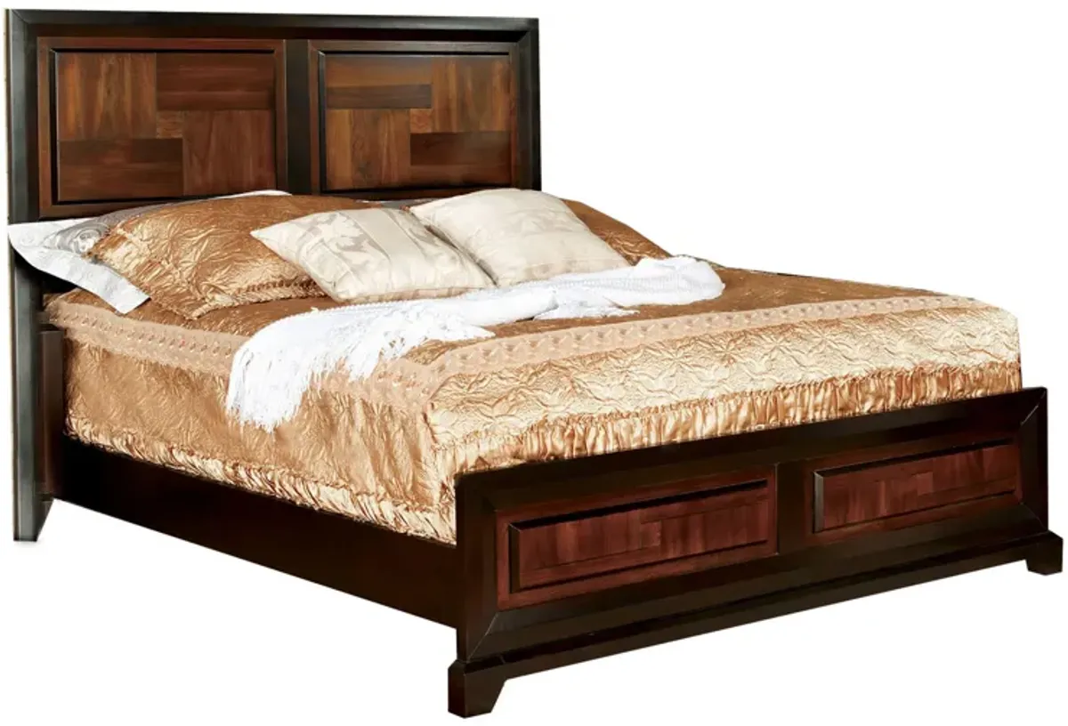 Full Size Wooden Transitional Bed with Parquet Pattern, Brown - Benzara