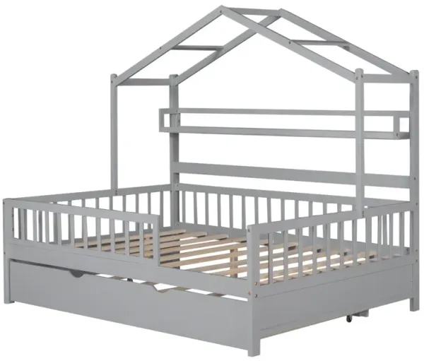 Streamdale Wooden Full Size House Bed With Twin Size Trundle, Kids Bed With Shelf