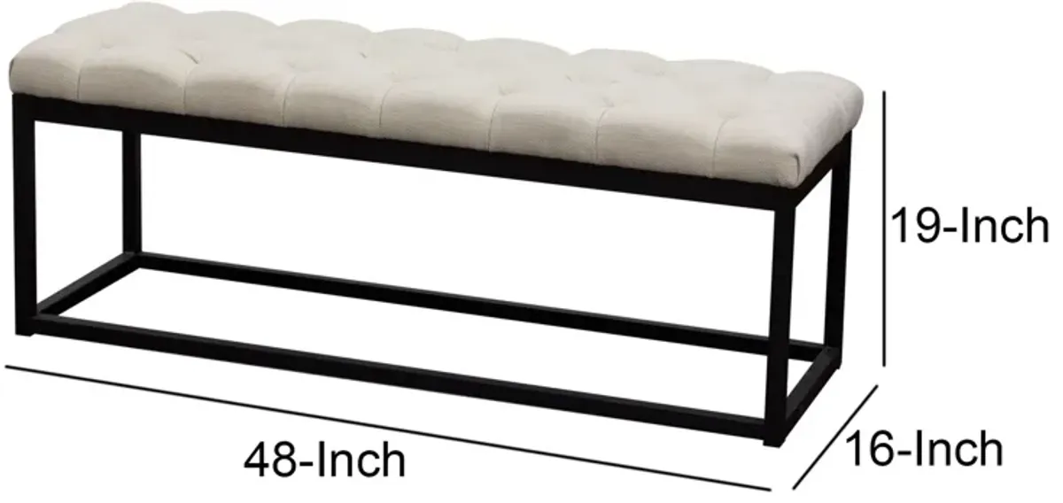 Linen Upholstered Metal Contemporary Bench with Diamond Tuft Details, Beige and Black-Benzara