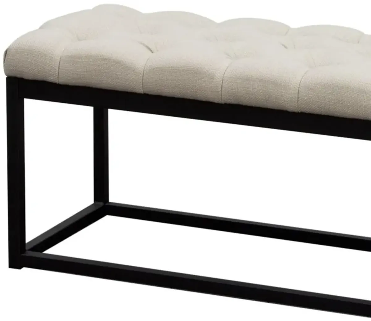 Linen Upholstered Metal Contemporary Bench with Diamond Tuft Details, Beige and Black-Benzara