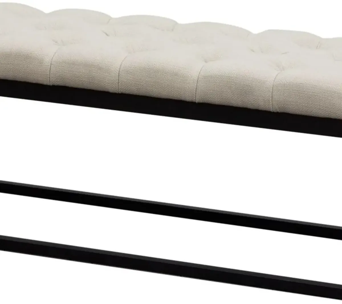 Linen Upholstered Metal Contemporary Bench with Diamond Tuft Details, Beige and Black-Benzara