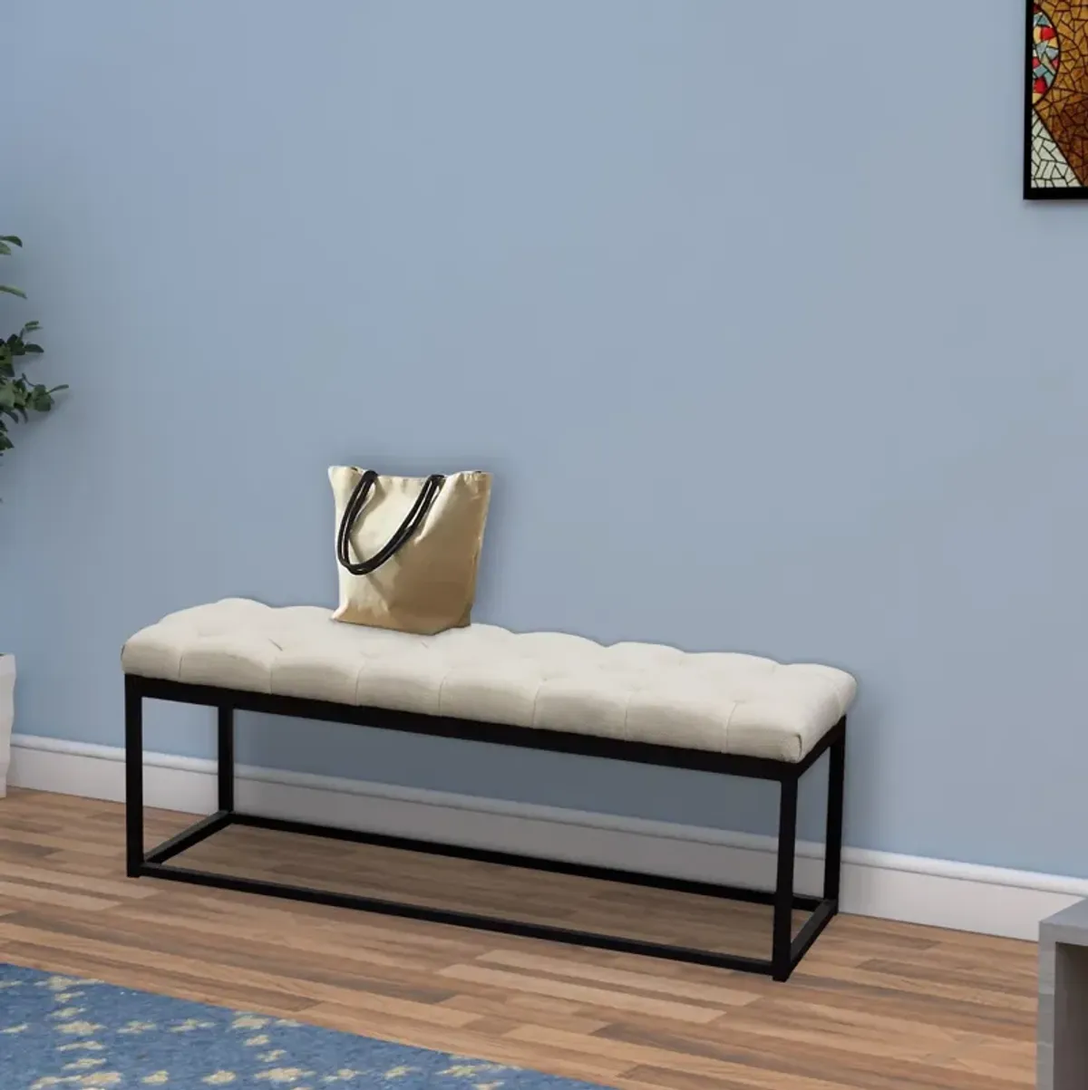 Linen Upholstered Metal Contemporary Bench with Diamond Tuft Details, Beige and Black-Benzara