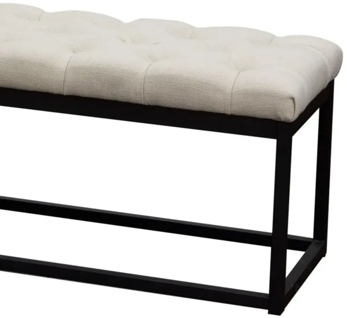 Linen Upholstered Metal Contemporary Bench with Diamond Tuft Details, Beige and Black-Benzara