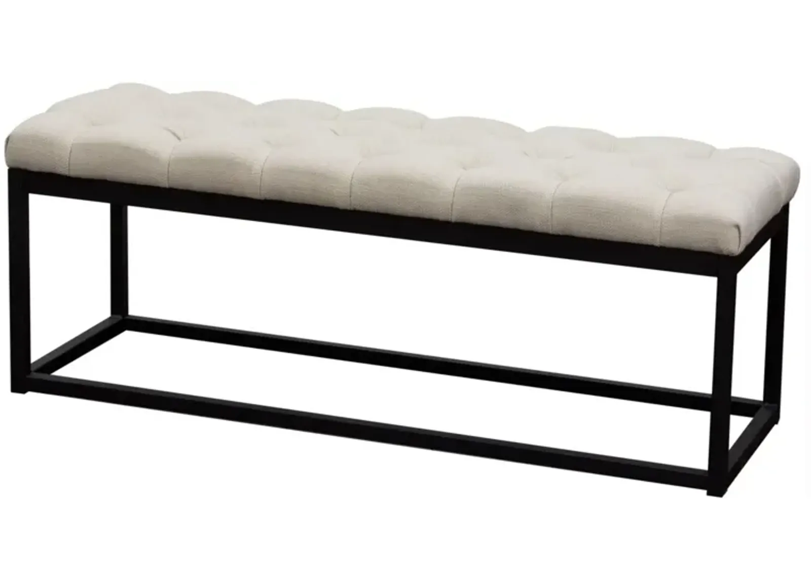 Linen Upholstered Metal Contemporary Bench with Diamond Tuft Details, Beige and Black-Benzara