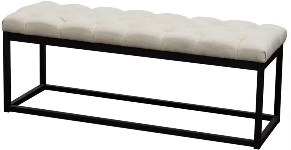 Linen Upholstered Metal Contemporary Bench with Diamond Tuft Details, Beige and Black-Benzara