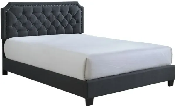 Shiran Queen Size Bed, Tufted Fabric Upholstered Headboard, Wood, Black - Benzara