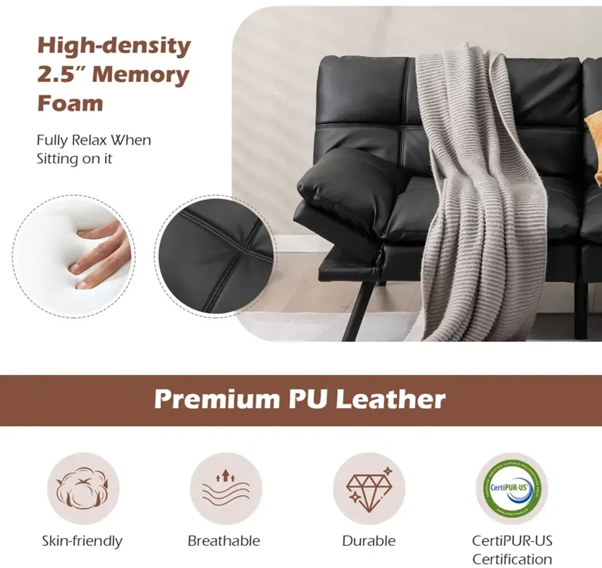 Convertible Memory Foam Futon Sofa Bed with Adjustable Armrest