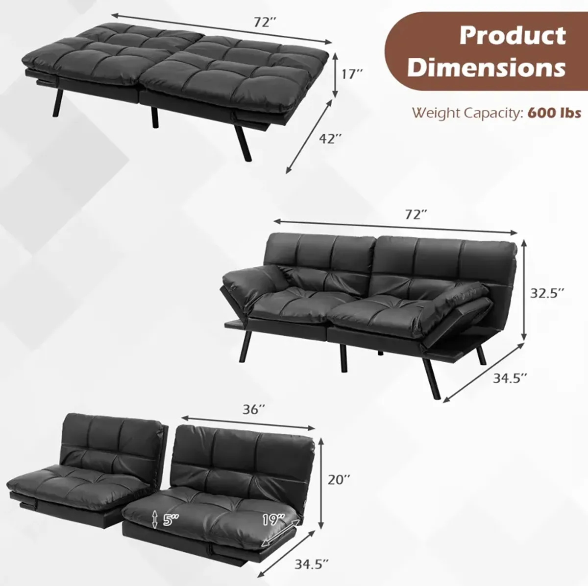 Convertible Memory Foam Futon Sofa Bed with Adjustable Armrest