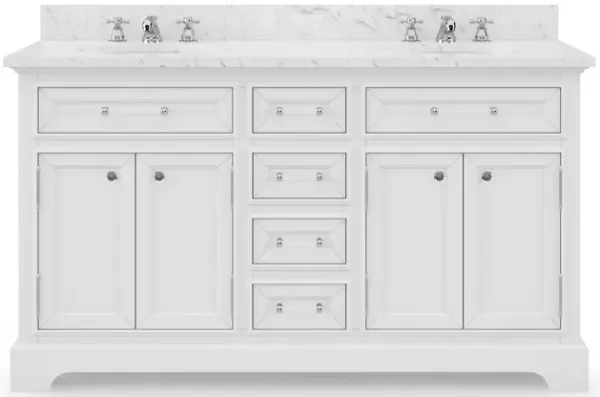 Derby 60 In. Double Sink Carrara White Marble Countertop Bath Vanity In Pure White with Chrome Classic Faucets