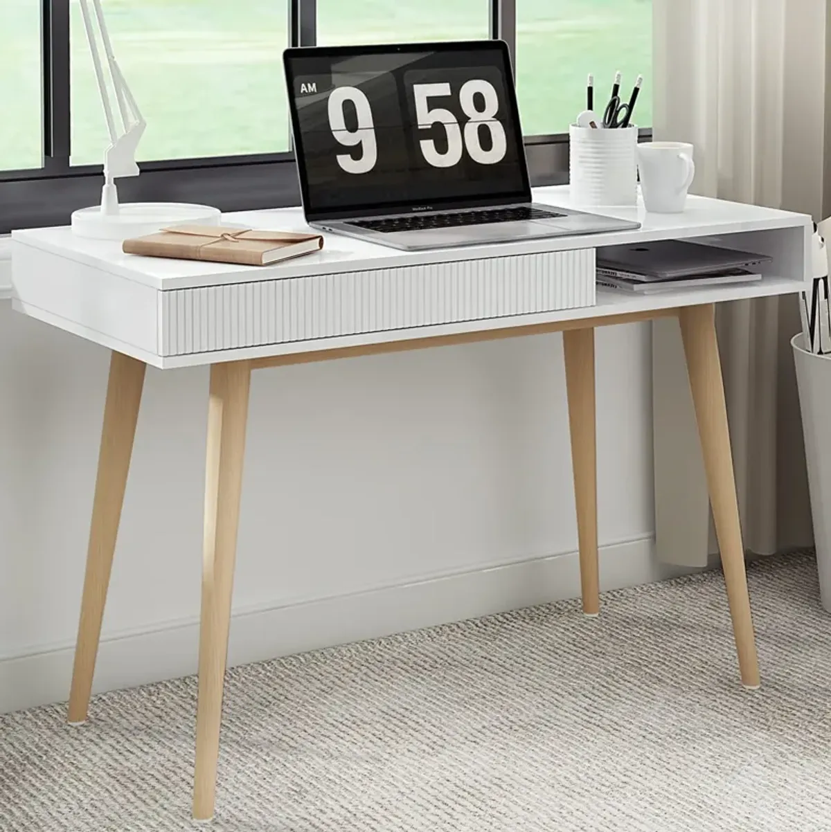 White Desk Mid Century Modern Wooden Desk with Drawer Small Mid Century Office Computer Desk White Makeup Table, by Artswish