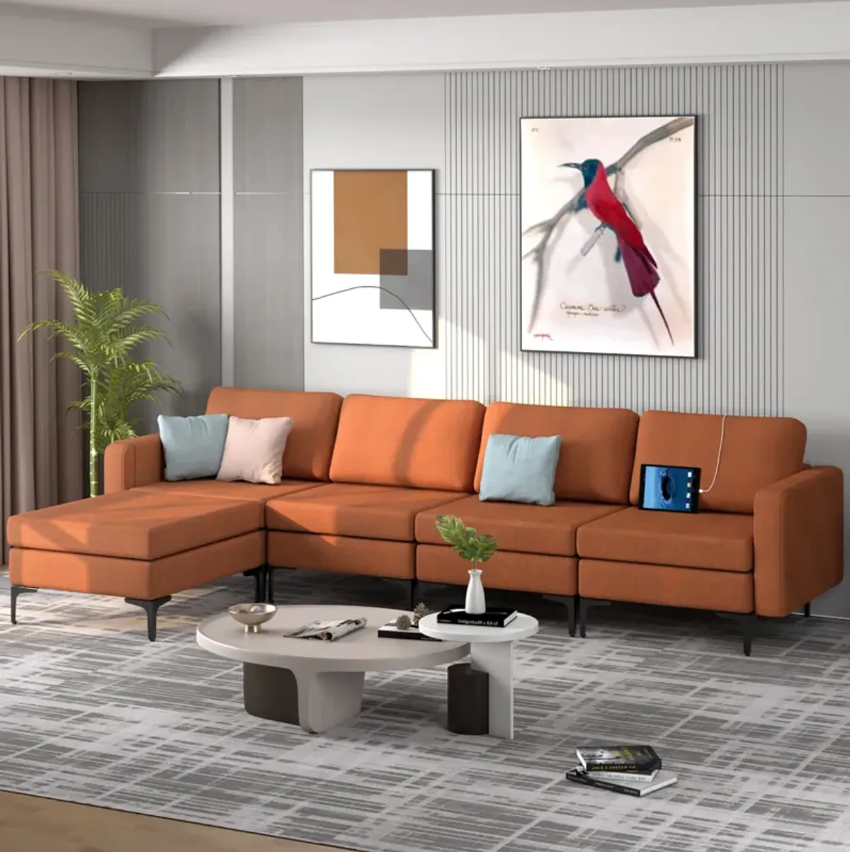 Costway Modular L-shaped Sectional Sofa w/ Reversible Chaise & 2 USB Ports