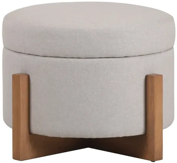24 Inch Ottoman, Round Cushioned Storage Seat, Gray Polyester, Brown Wood - Benzara
