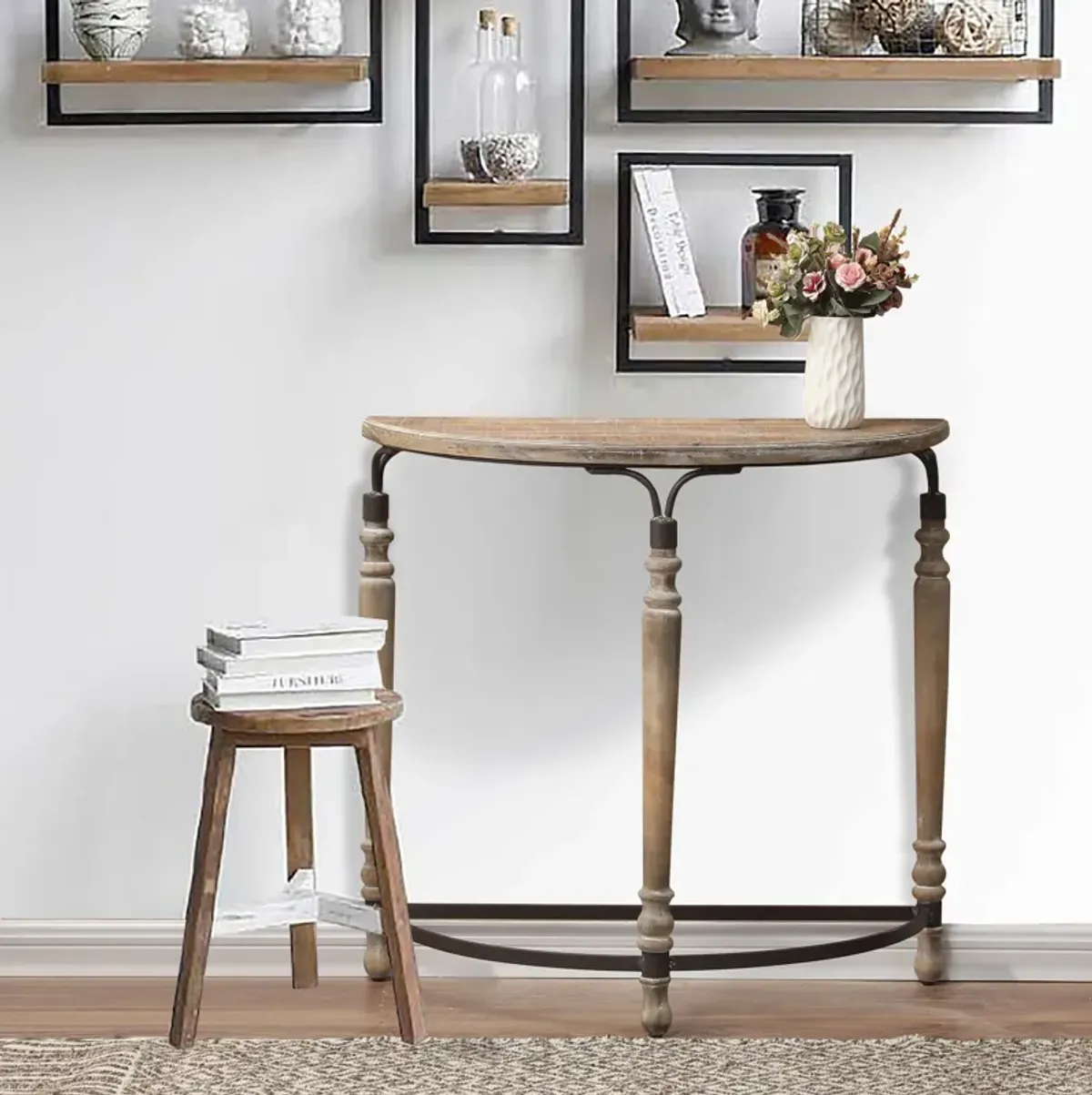 LuxenHome Rustic Wood and Metal Half Moon Console and Entry Table