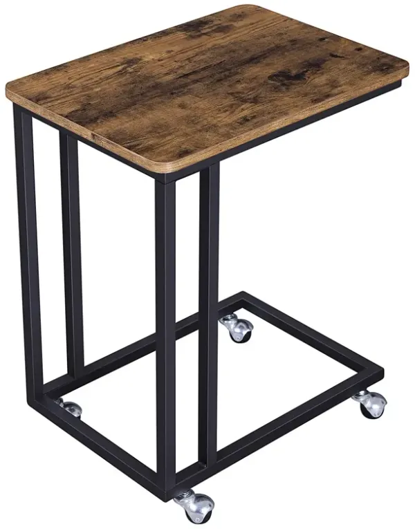 Rustic Wooden Side Sofa Table with Cantilever Iron Base, Brown and Black-Benzara