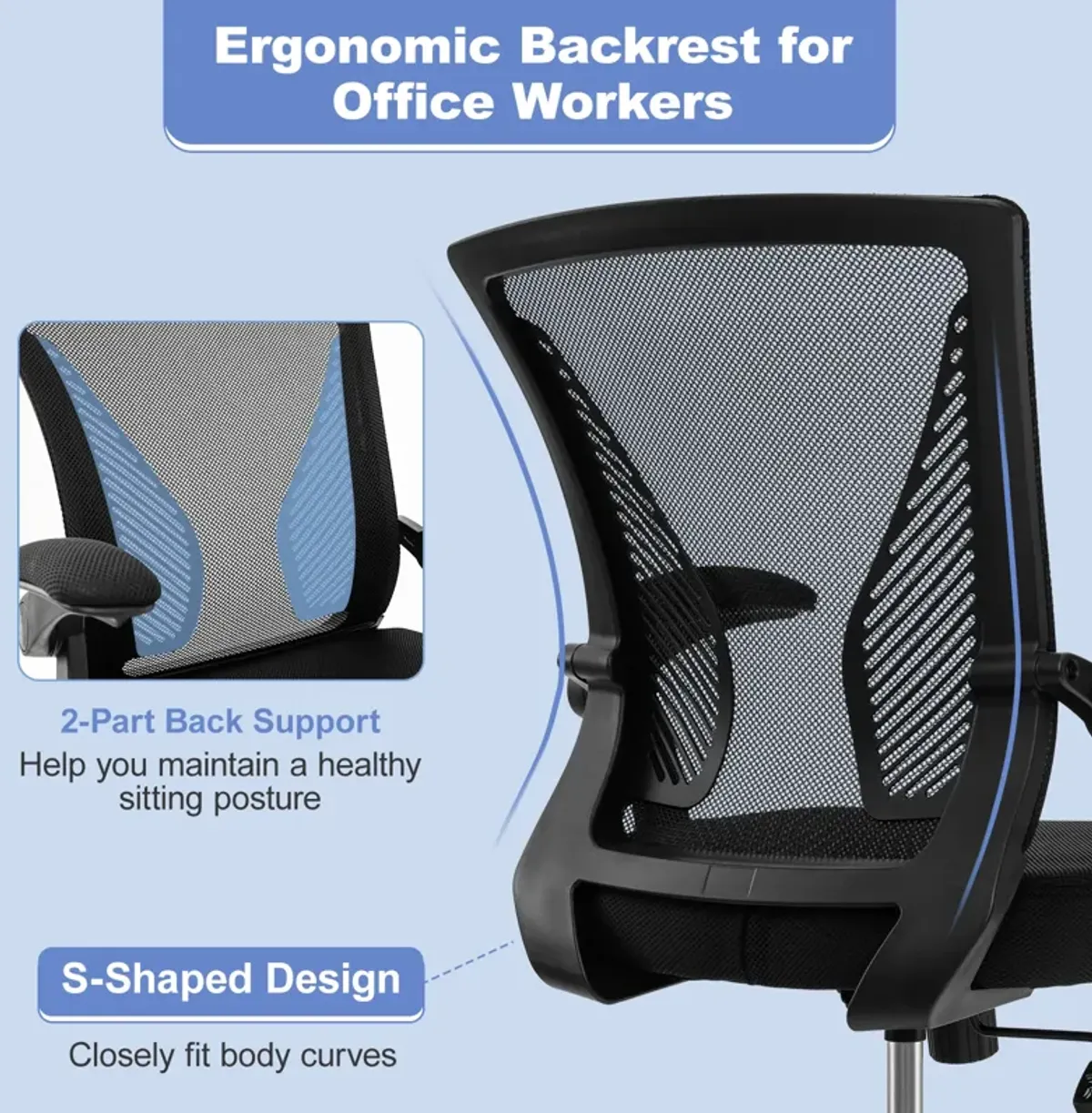 Ergonomic Office Chair Adjustable Swivel Chair with Flip-Up Armrests and Rocking Backrest-Black