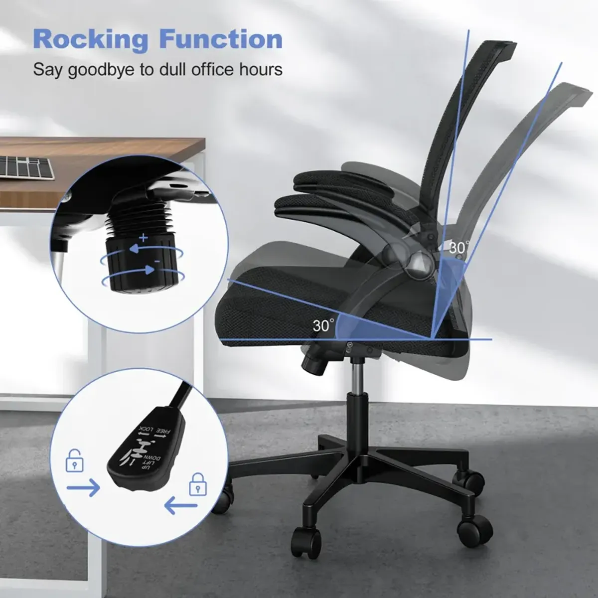 Ergonomic Office Chair Adjustable Swivel Chair with Flip-Up Armrests and Rocking Backrest-Black