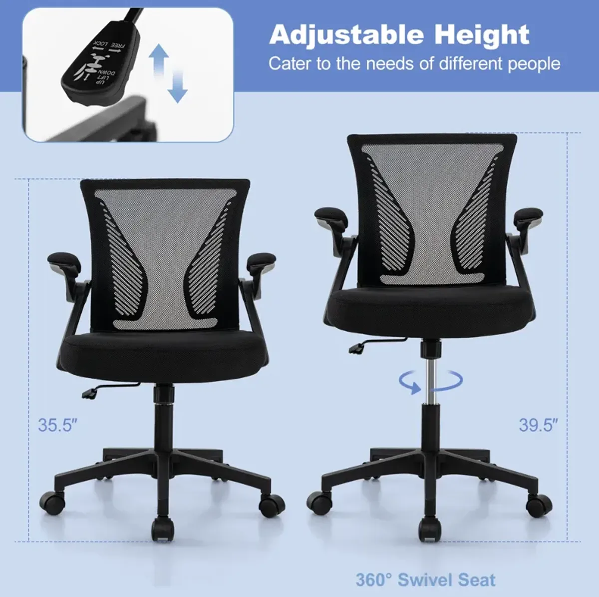 Ergonomic Office Chair Adjustable Swivel Chair with Flip-Up Armrests and Rocking Backrest-Black