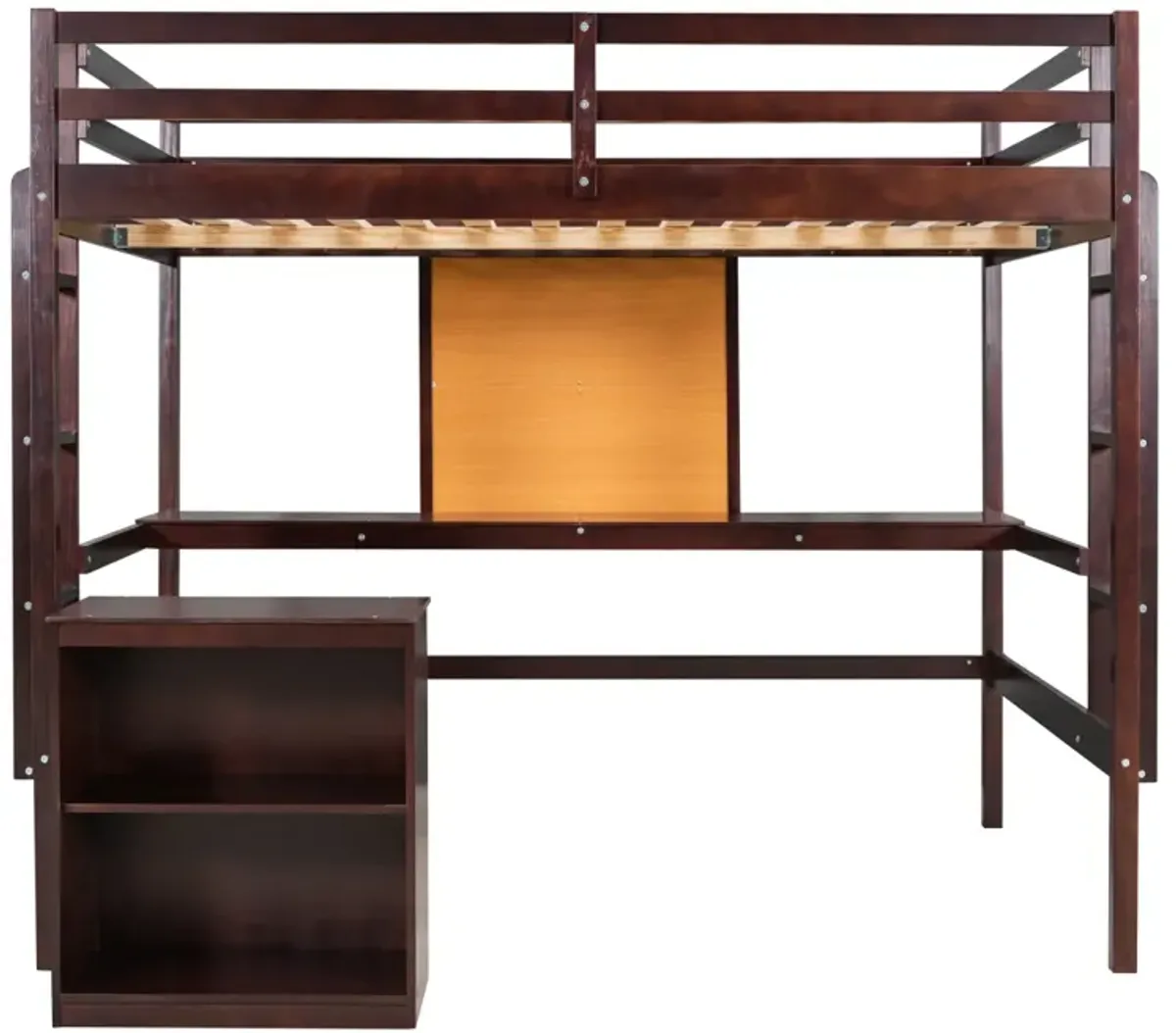 Full Size Loft Bed With Desk And Writing Board, Wooden Loft Bed With Desk & 2 Drawers Cabinet