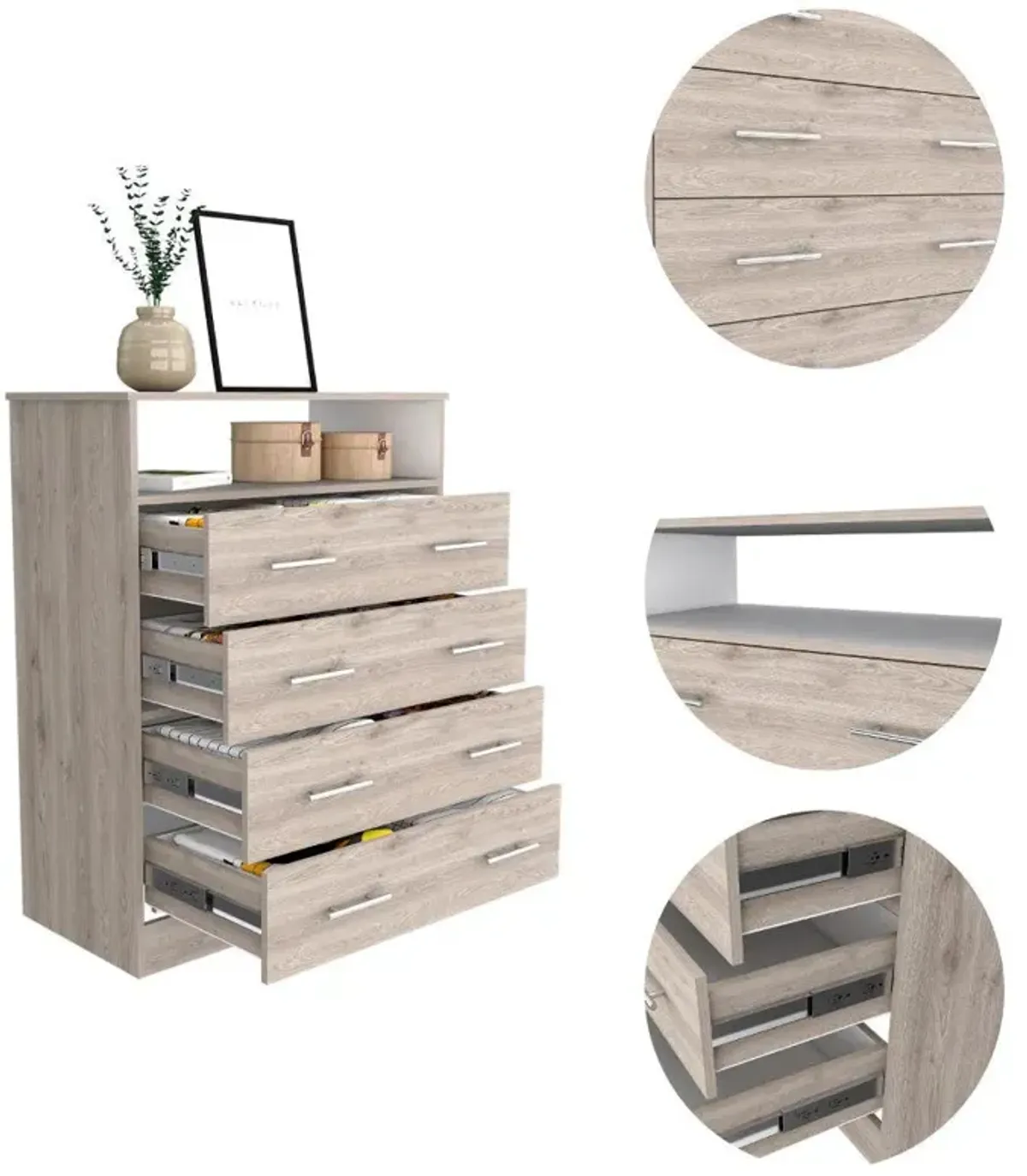 DEPOT E-SHOP Serbian Four Drawer Dresser, Countertop, One Open Shelf, Four Drawers-Light Grey-White, For Bedroom