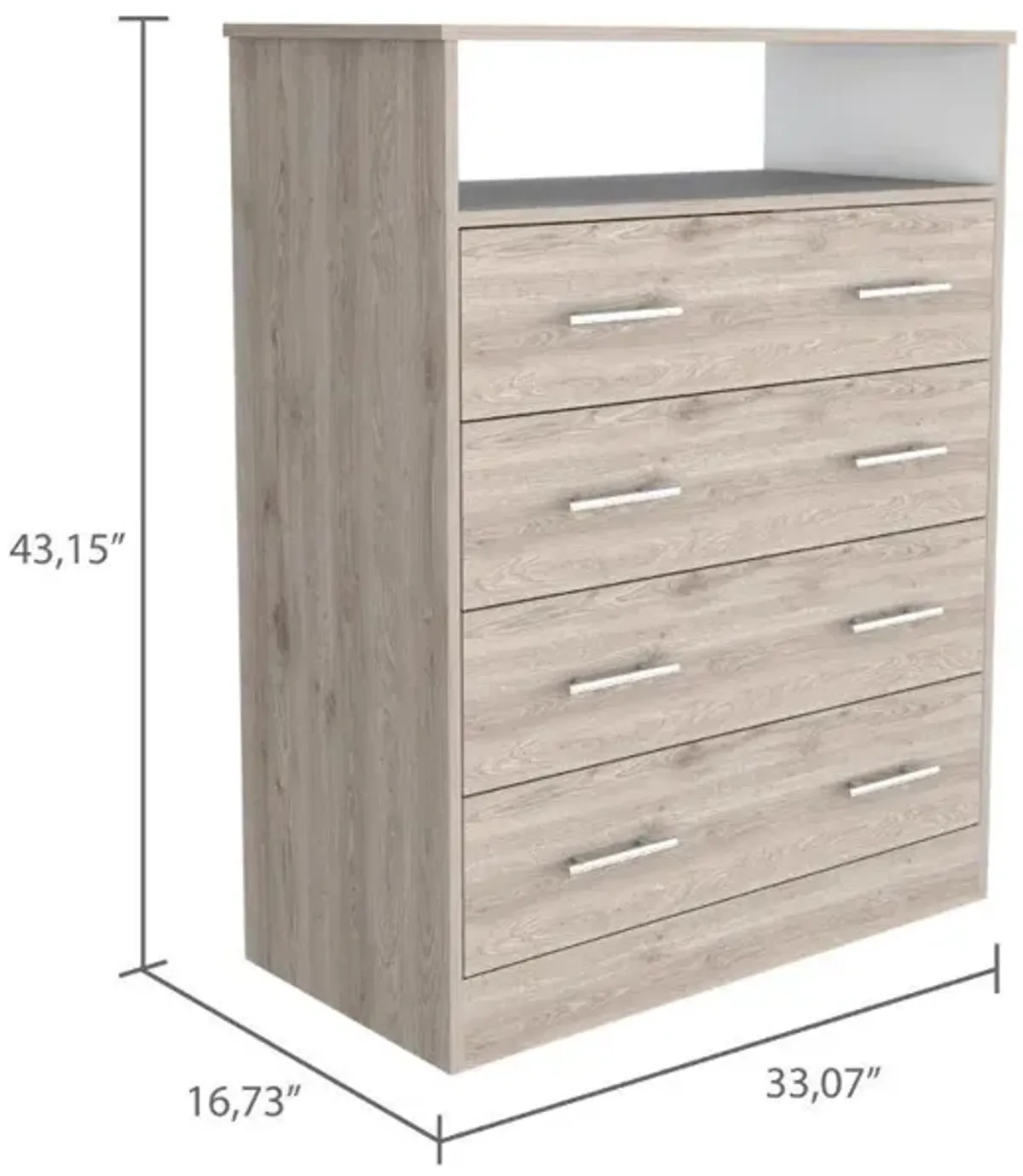 DEPOT E-SHOP Serbian Four Drawer Dresser, Countertop, One Open Shelf, Four Drawers-Light Grey-White, For Bedroom