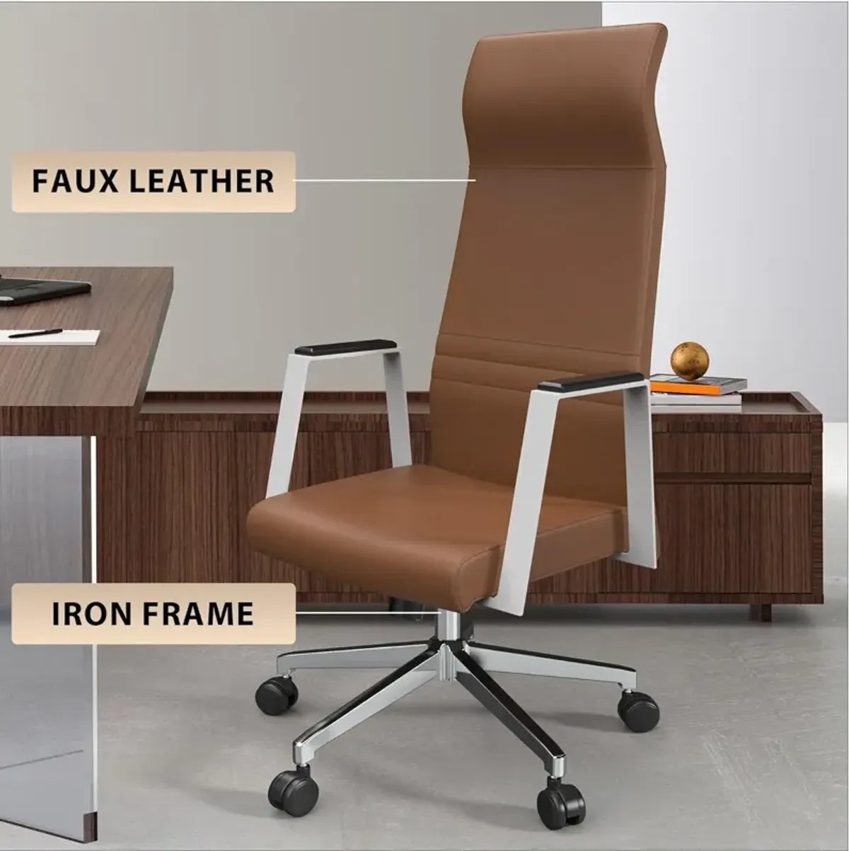 LeisureMod Aleen Modern High-Back Office Chair in Upholstered Leather and Iron Frame with Swivel and Tilt