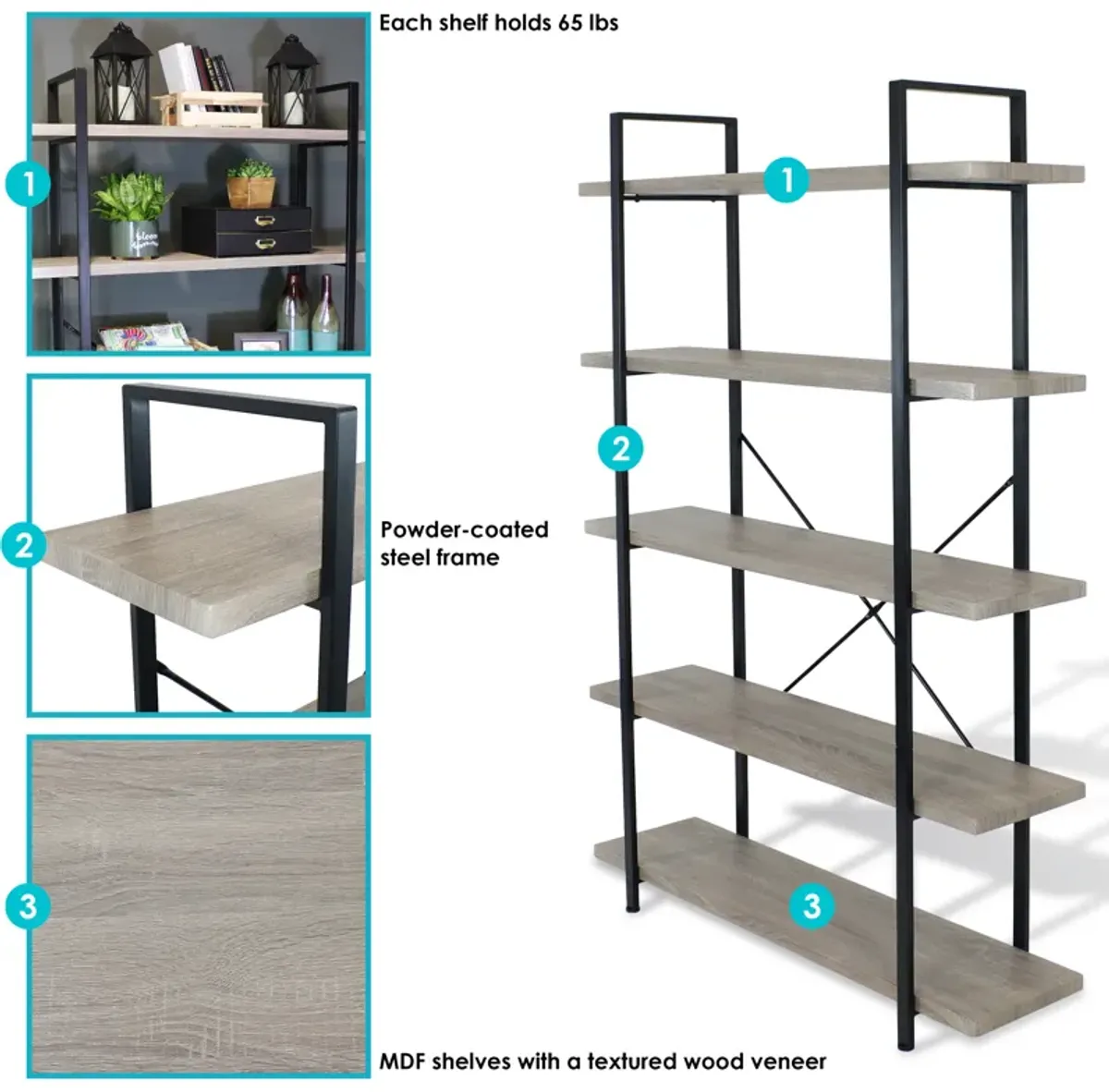 Sunnydaze 5-Tier Industrial Open-Shelf Bookshelf