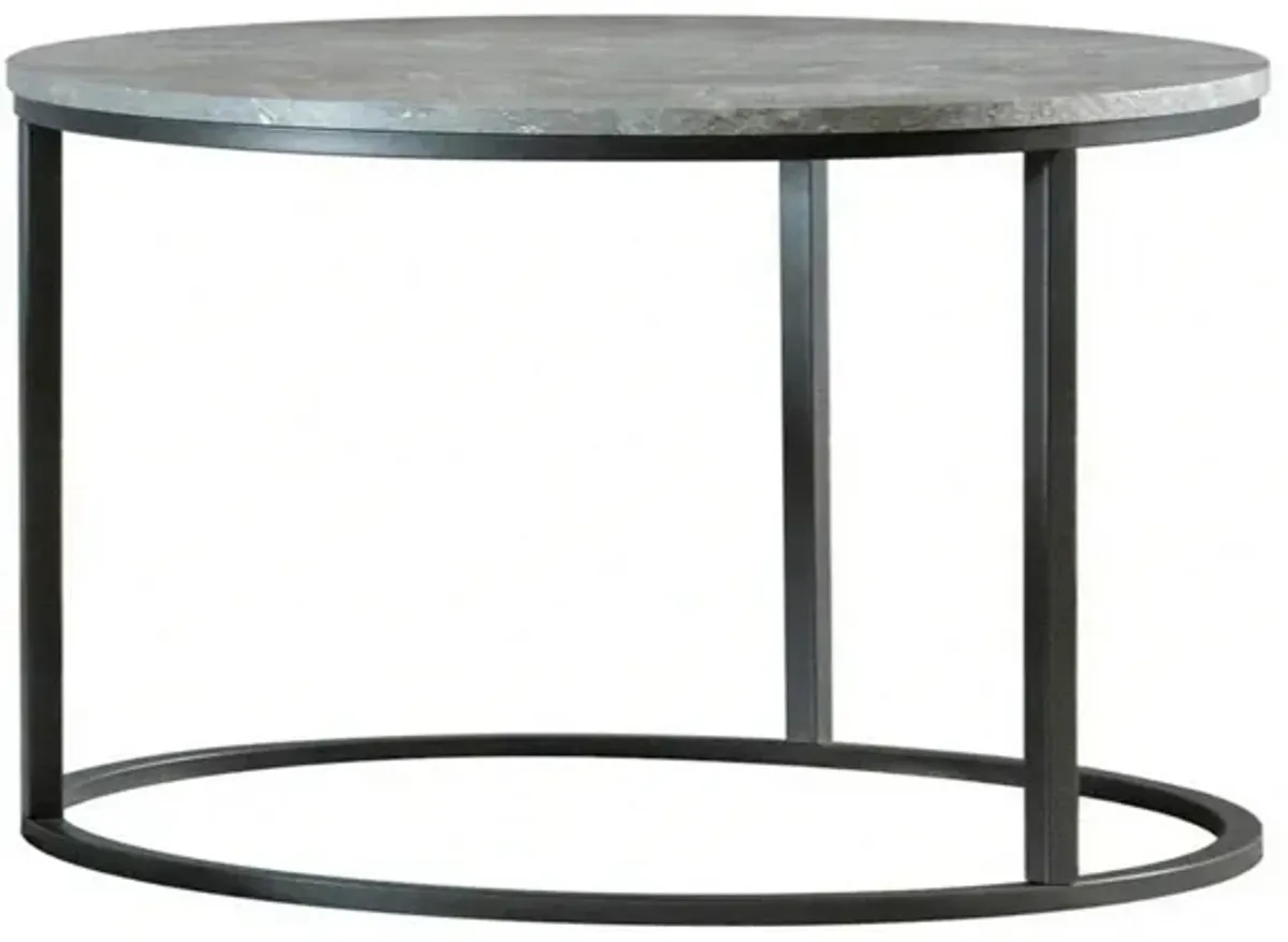 35 Inch 2 Piece Nesting Coffee Table Set, Round Gray Faux Marble Tabletop-Benzara