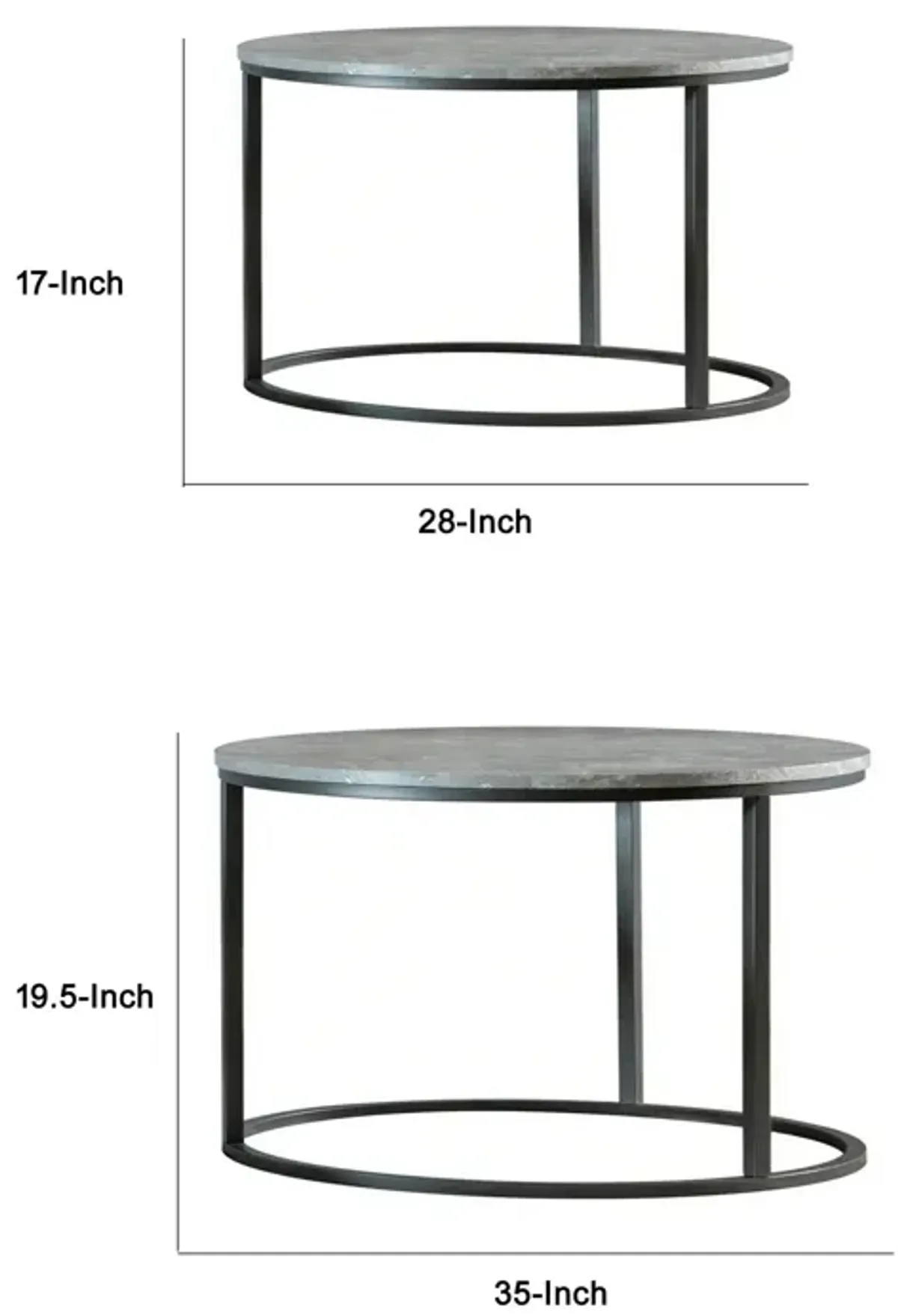 35 Inch 2 Piece Nesting Coffee Table Set, Round Gray Faux Marble Tabletop-Benzara