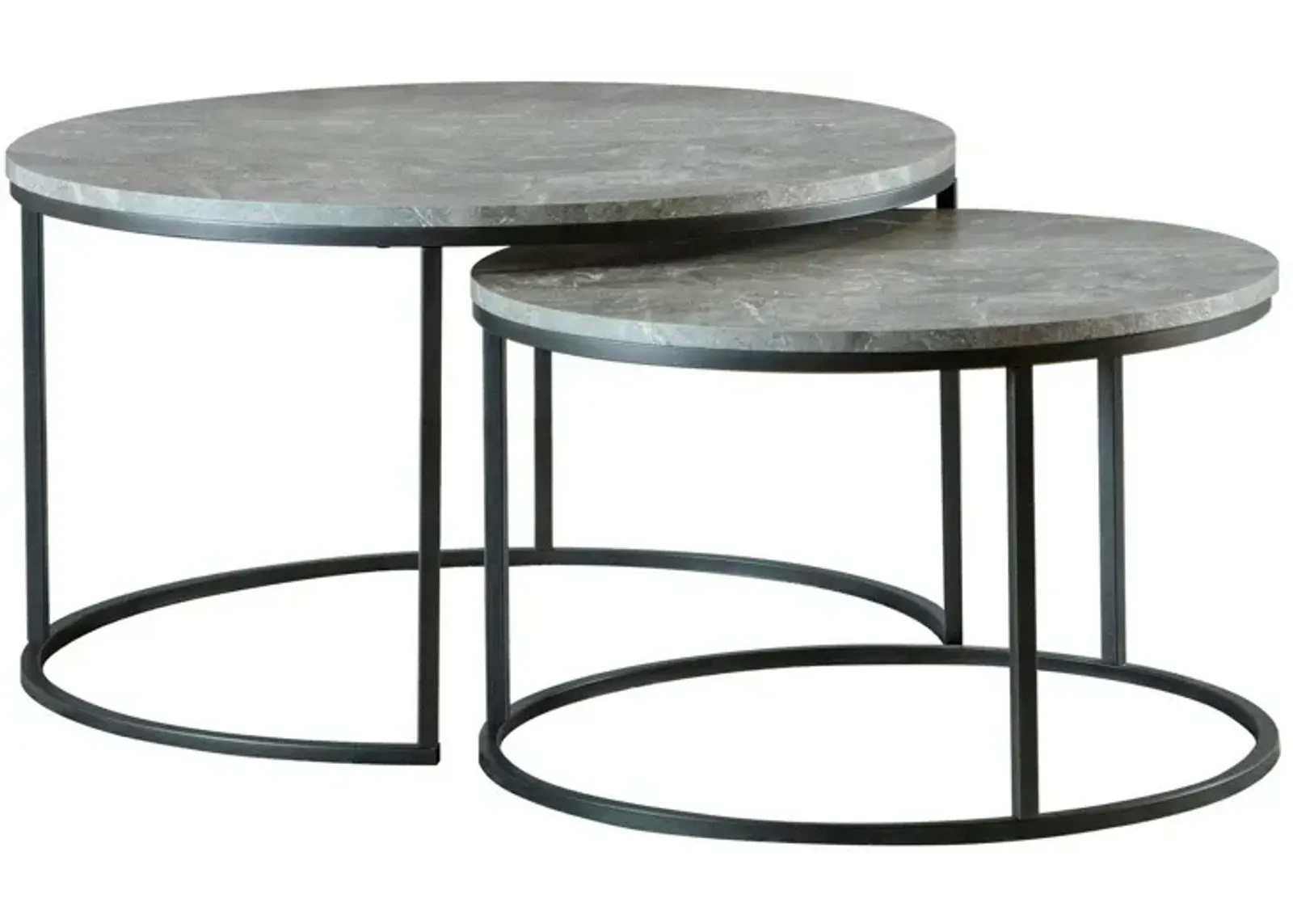 35 Inch 2 Piece Nesting Coffee Table Set, Round Gray Faux Marble Tabletop-Benzara