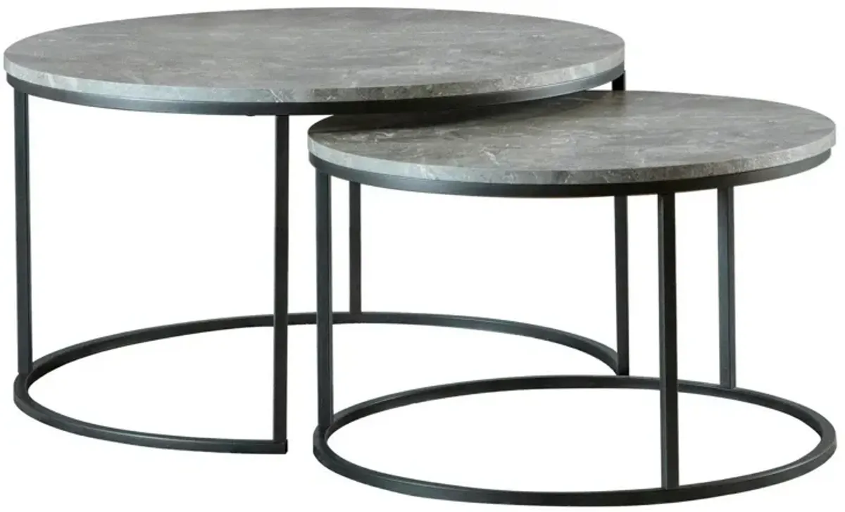 35 Inch 2 Piece Nesting Coffee Table Set, Round Gray Faux Marble Tabletop-Benzara