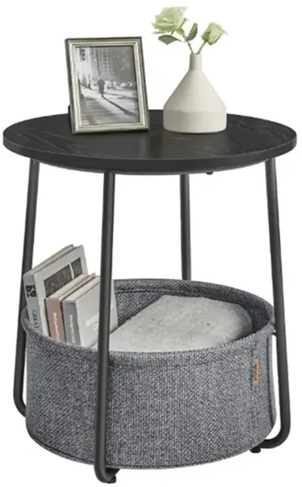 Bedside End Table with Fabric Bin – Small Accent Table with Storage Basket for Books, Blankets or Remotes
