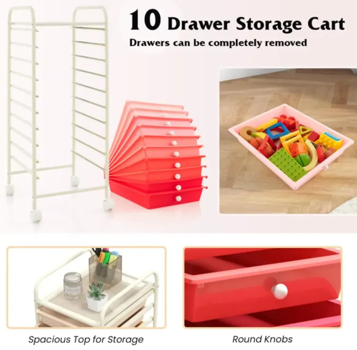 Hivvago 10 Drawer Rolling Storage Cart Organizer with 4 Universal Casters