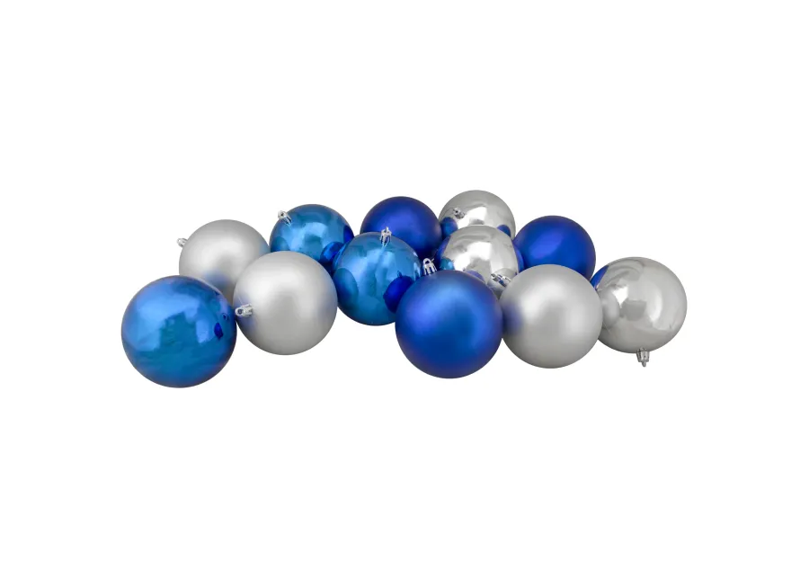 12ct Silver and Blue 2-Finish Shatterproof Ball Christmas Ornaments 4"