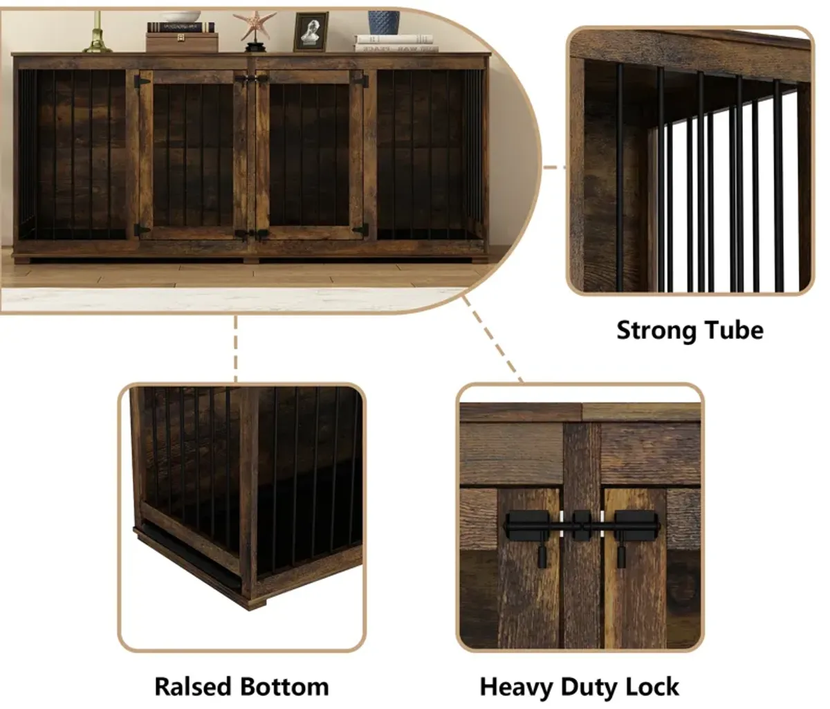 Tiger Skin Dog Crate Furniture for 2 Dogs, 71 in. Heavy-Duty Wooden Dog Crate with Trays & Divider for Large Medium Dogs